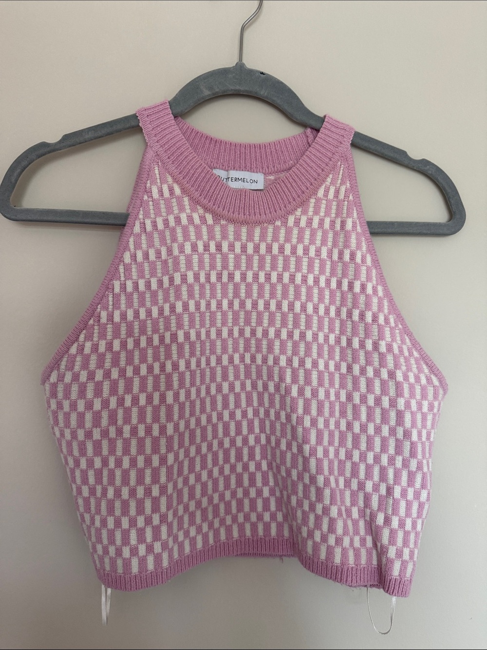 Watermelon Pink Checker Knit Halter Tank Top by Buttermelon